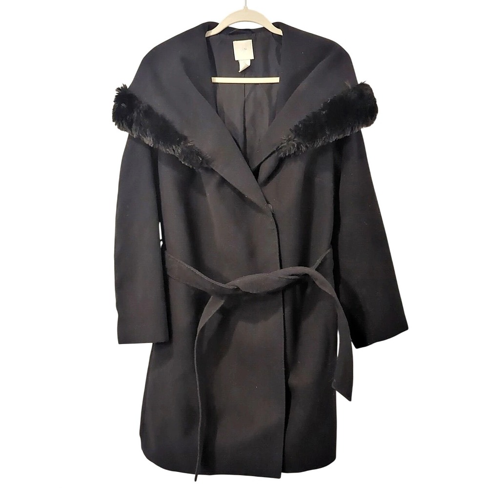 H&M Black Faux Fur Collar Trench Coat Size Large Belted